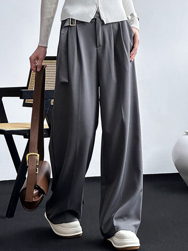 High Waisted Loose Belt Buckle Solid Color Suit Pants Trousers