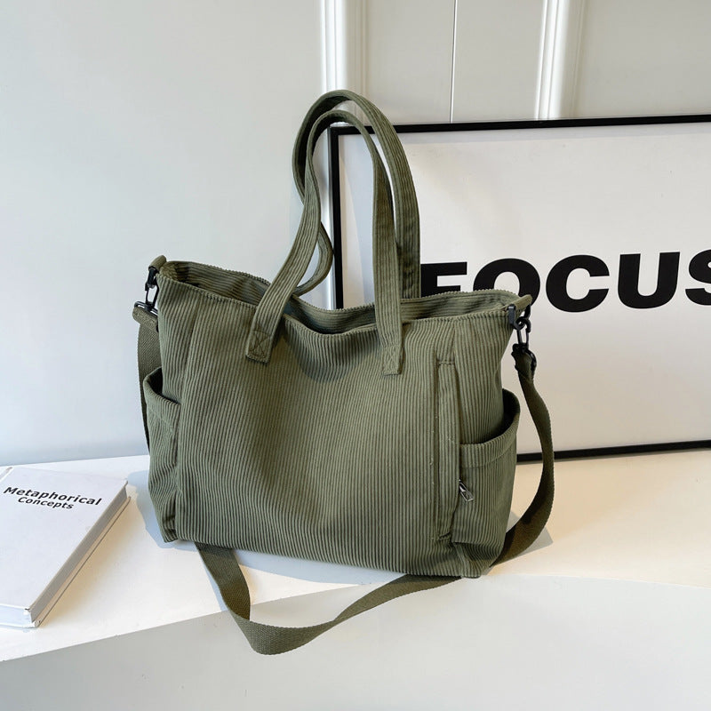 Large Capacity Corduroy Crossbody Bag – Casual Commuter Bucket Bag for Women