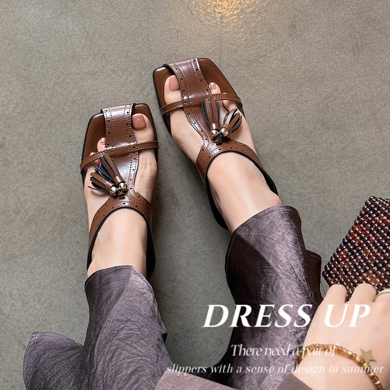 Women's Tassel Slide Sandals | Square Toe Block Heel Cowhide Mules