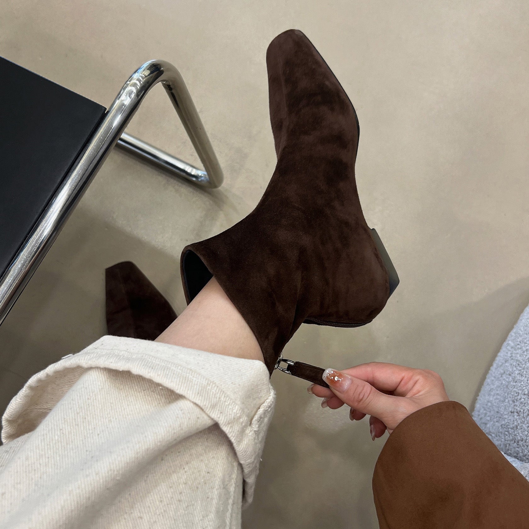 Women's Slim-Fit Ankle Boot | Square Toe Chunky Heel | Suede Upper Back Zipper