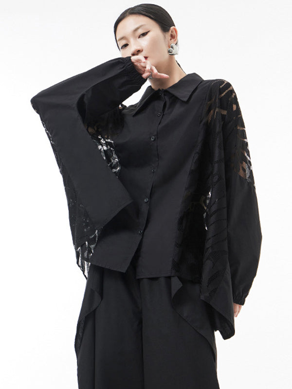 Urban See-Through Lace Split-Joint Lapel Blouse