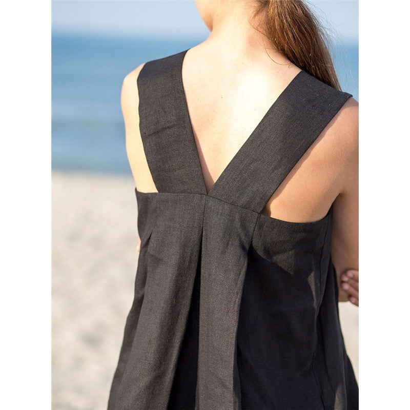 Linen Sleeveless Loose Mandarin-Collar Maxi Dress
