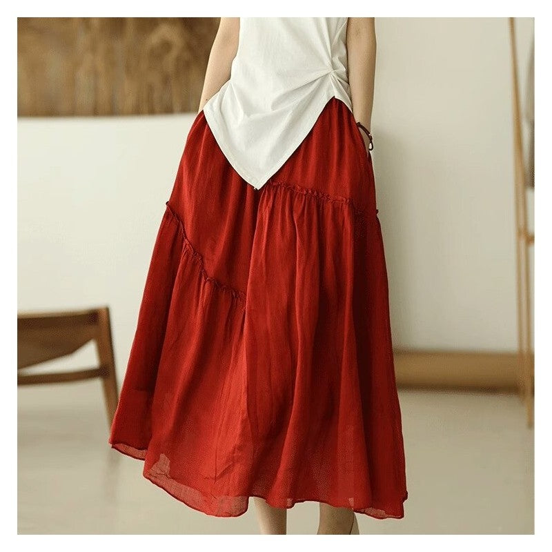Double-Layer Elastic Waist Half Skirt in Solid Color