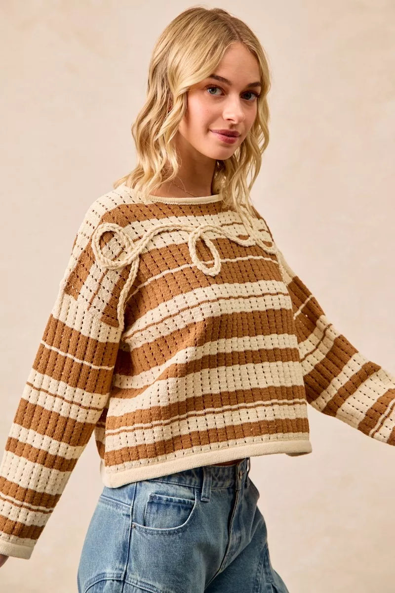 Striped Open Knit Sweater Top with Front Braided Detail