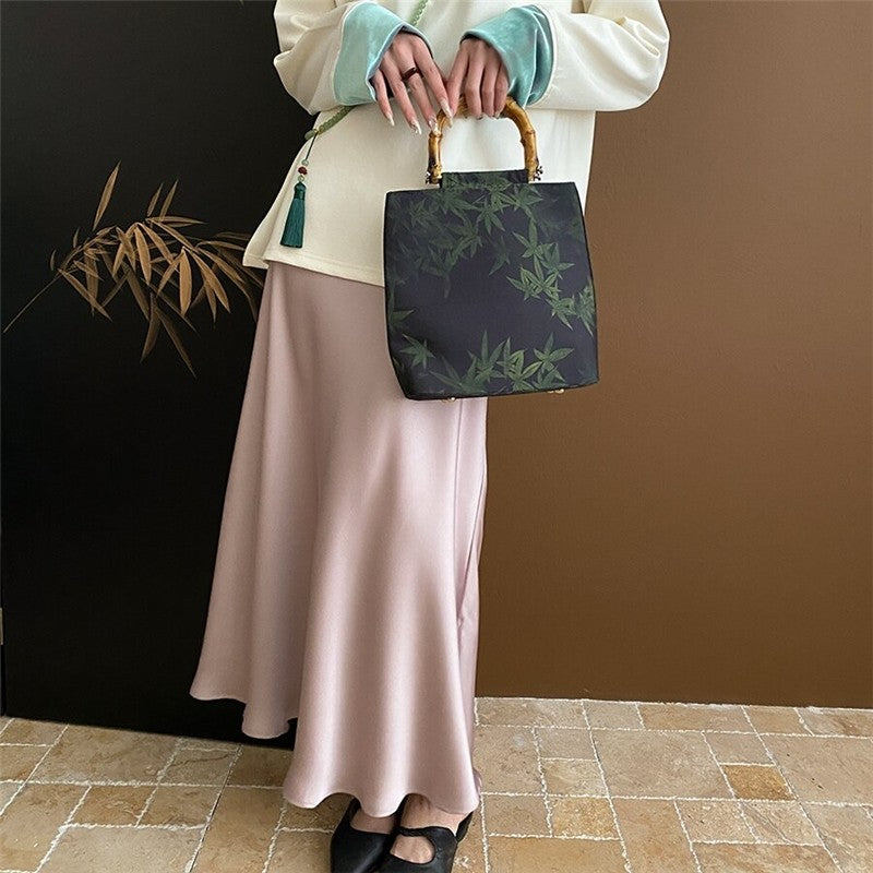 High-Waisted Satin Mermaid Midi Skirt with Draped Slit