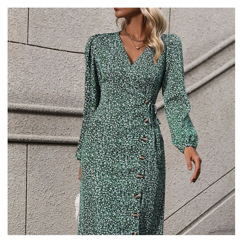 Stylish Wrap Long Sleeve Floral Dress