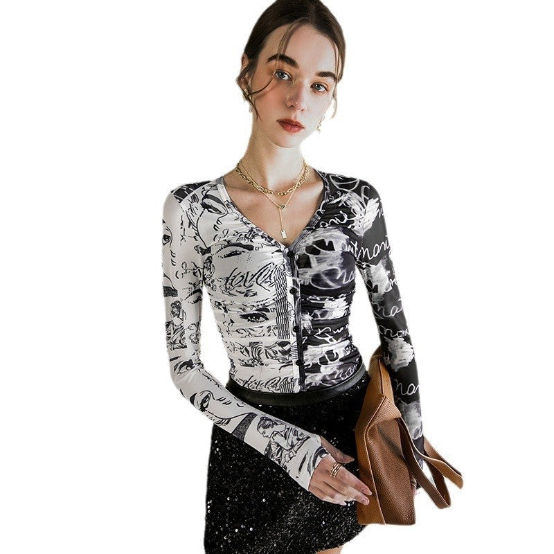 Chic Mesh Printed Top with Bold Contrast Design