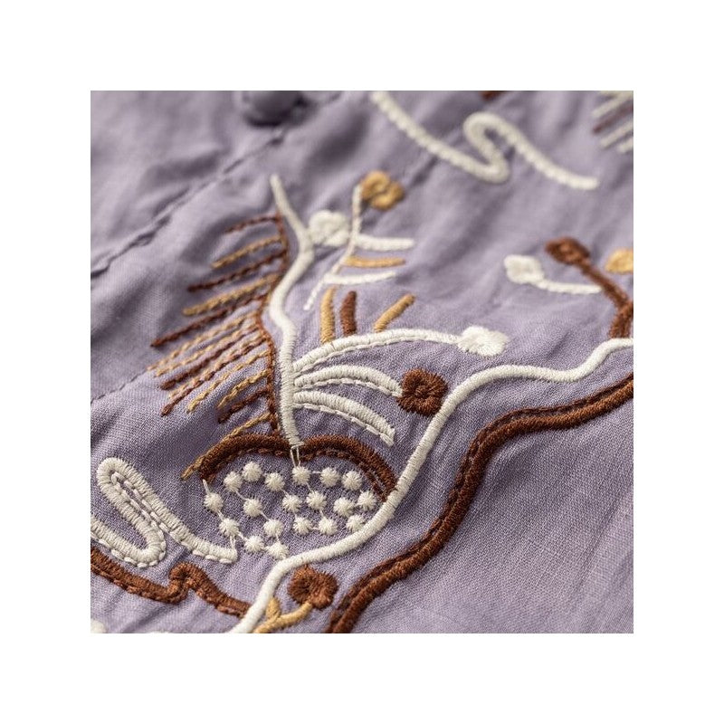 Embroidered Linen Button-Up Blouse with Half Sleeves