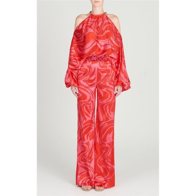 Printing Halterneck Hollow Shoulders Long Sleeve Top And Wide Leg Pants Two Pieces Suits