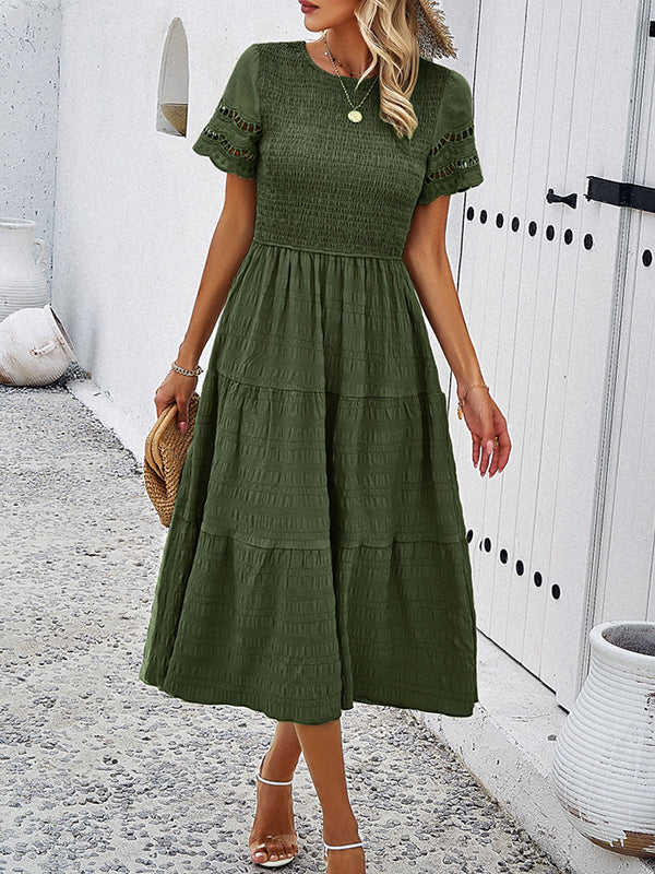 A-Line Loose Elasticity Hollow Solid Color Split-Joint Round-Neck Midi Dresses