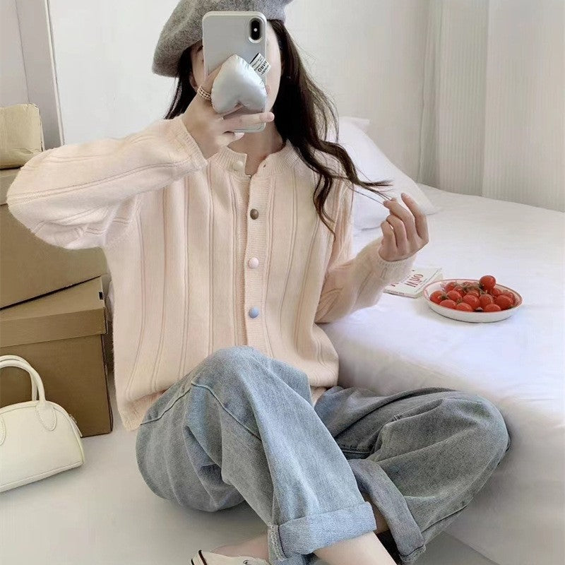 Solid Color Long Sleeve Crewneck Buttoned Cardigan Sweater