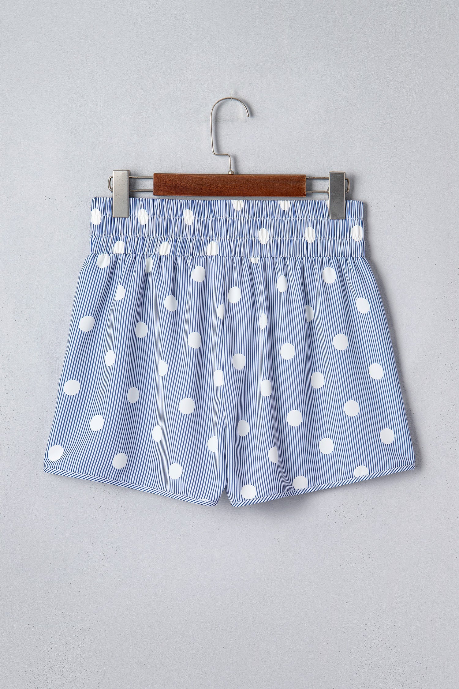 Sky Blue Polka Dot Print Shirred High Waist Casual Shorts