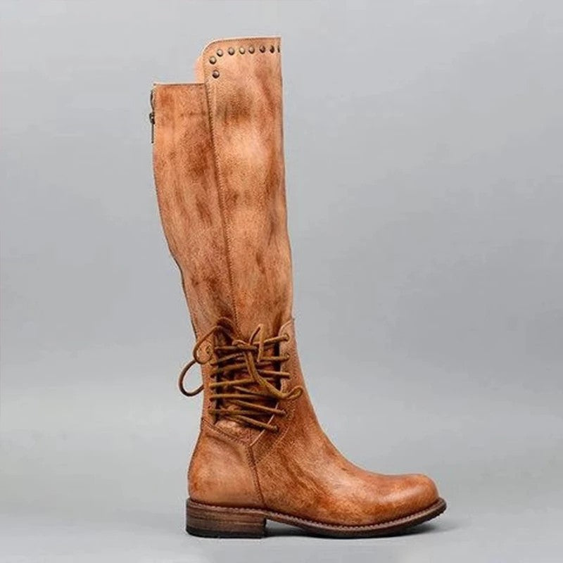 Women's Lace-Up Leather Boots | Round Toe Chunky Heel High Shaft | Black & Brown