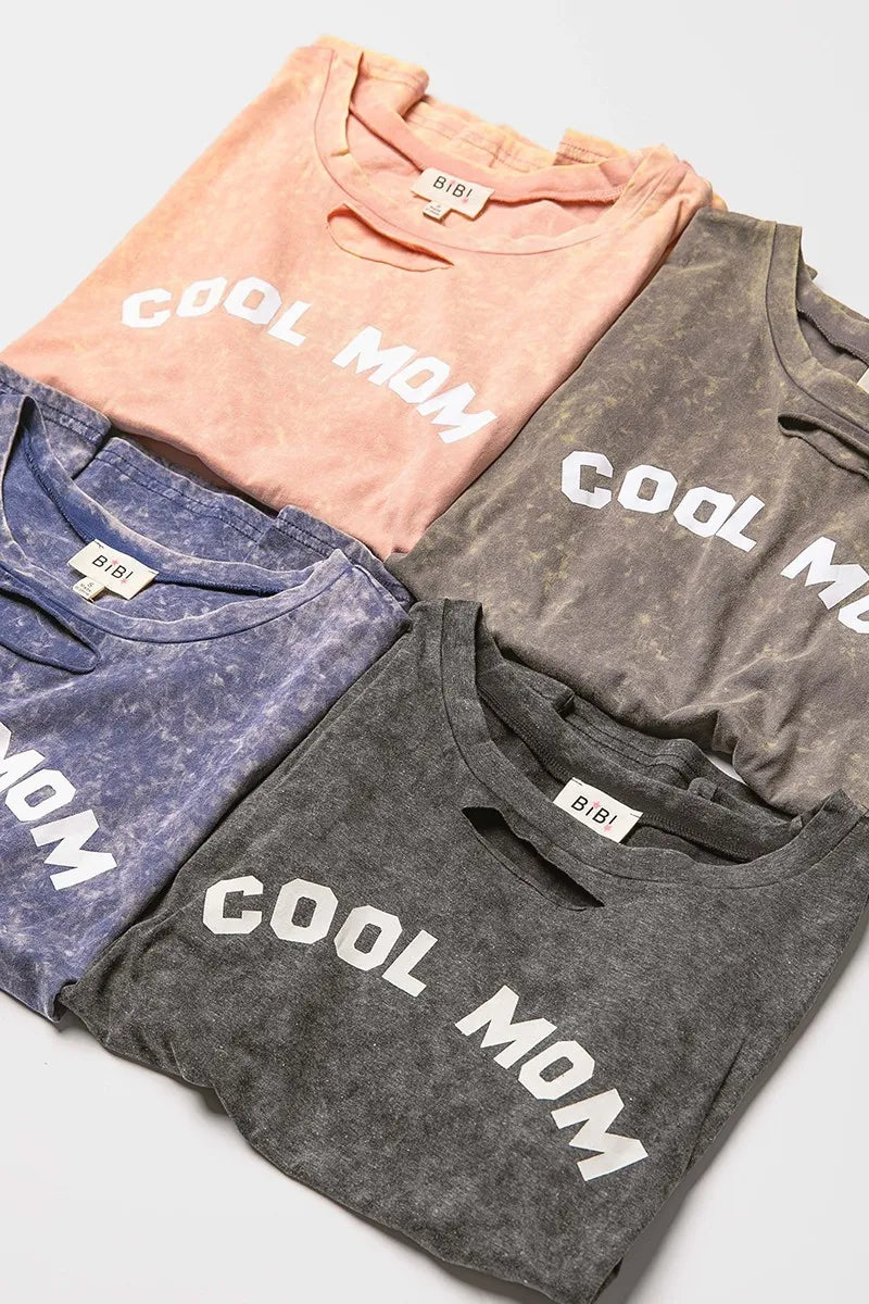 Washed Laser Cut Detail Cool Mom Print Top