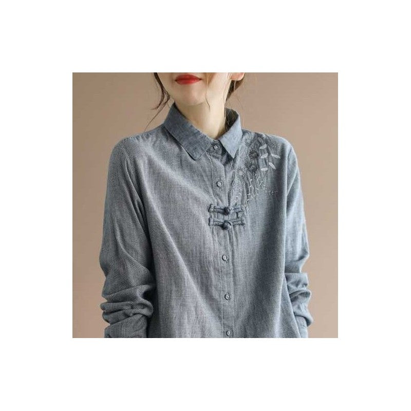Grid Folk Style Embroidered Button-Down Shirt