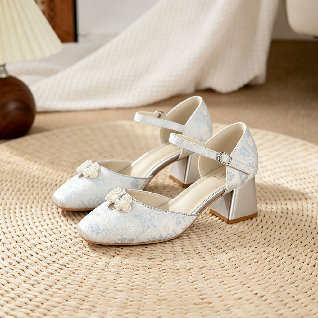 Women's Jacquard Platform Heels | Pearl Bow Square-Toe Chunky Heel Shoes