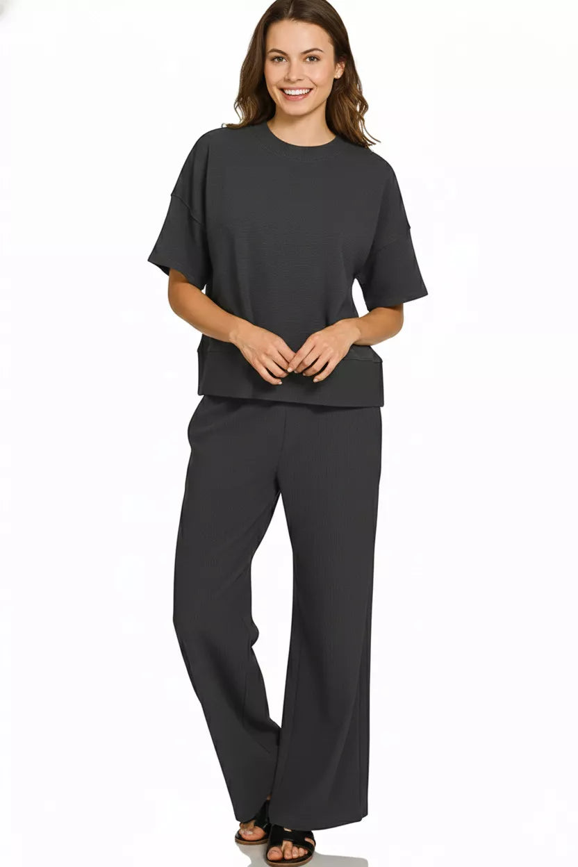 Ribbed Round Neck Tee & Pants Set