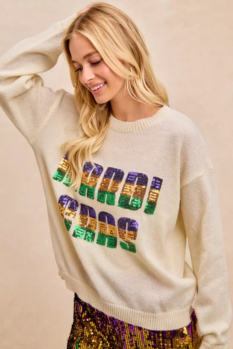 Mardi Gras Sequin Lattering Knit Top