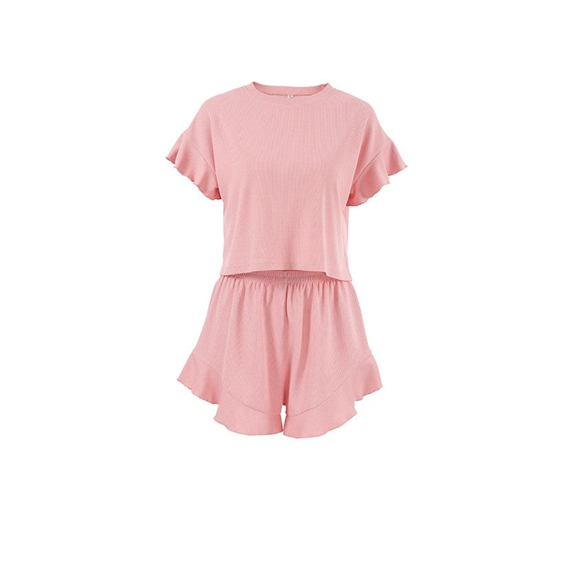 Solid Color Knit Short Sleeve Shorts Pajama Set