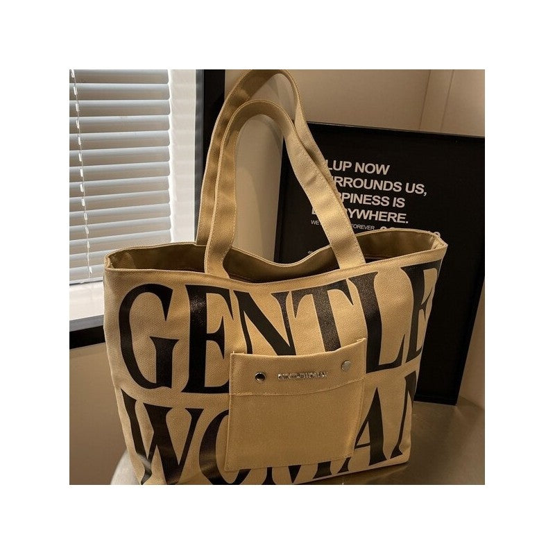 Letter Print Canvas Shoulder Bag with Large Capacity