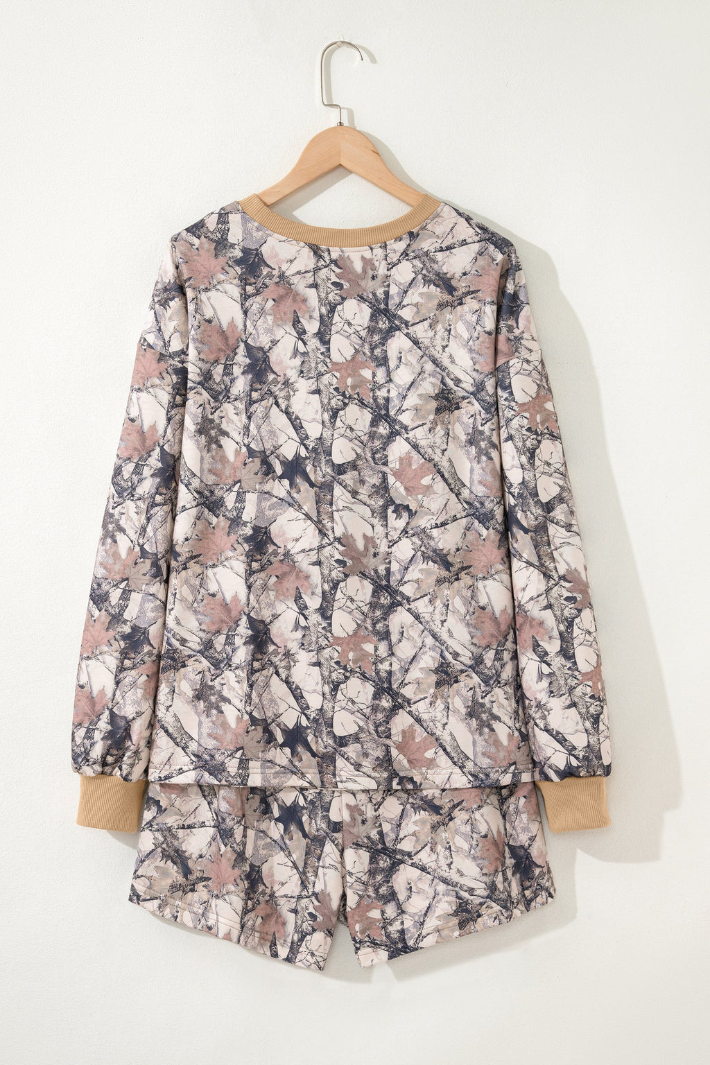 Khaki Woodland Camo Print Long Sleeve Top Casual Short Set