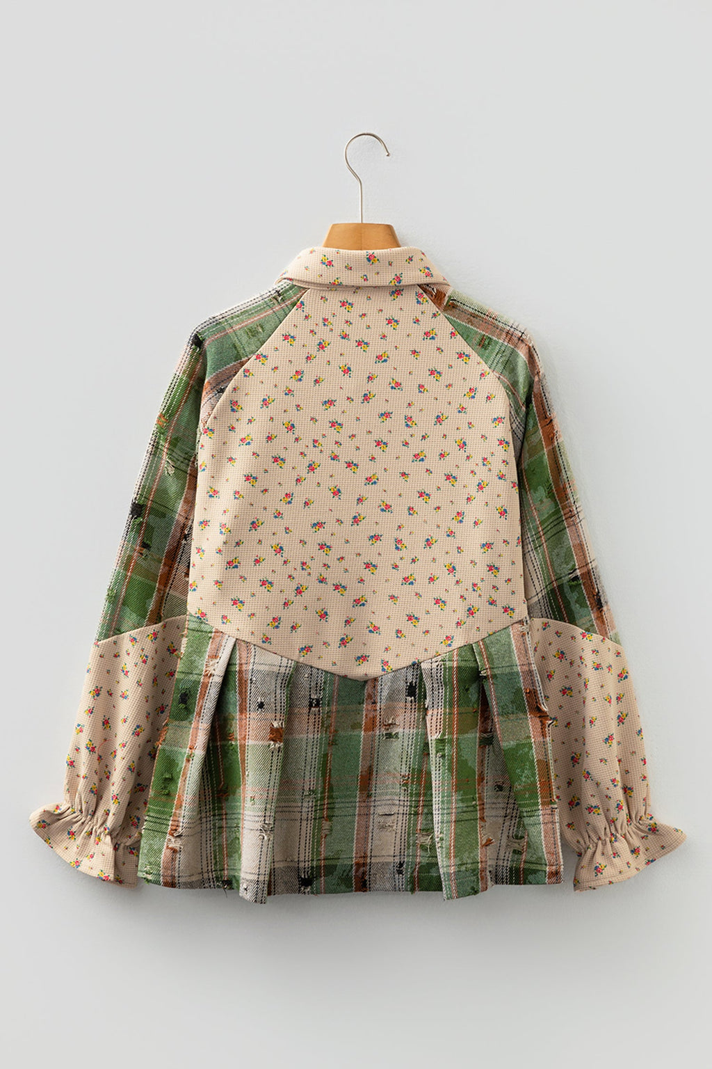 Mist Green Boho Floral Plaid Patchwork Distressed Detail Ruffled Sleeve Waffle Knit Shacket
