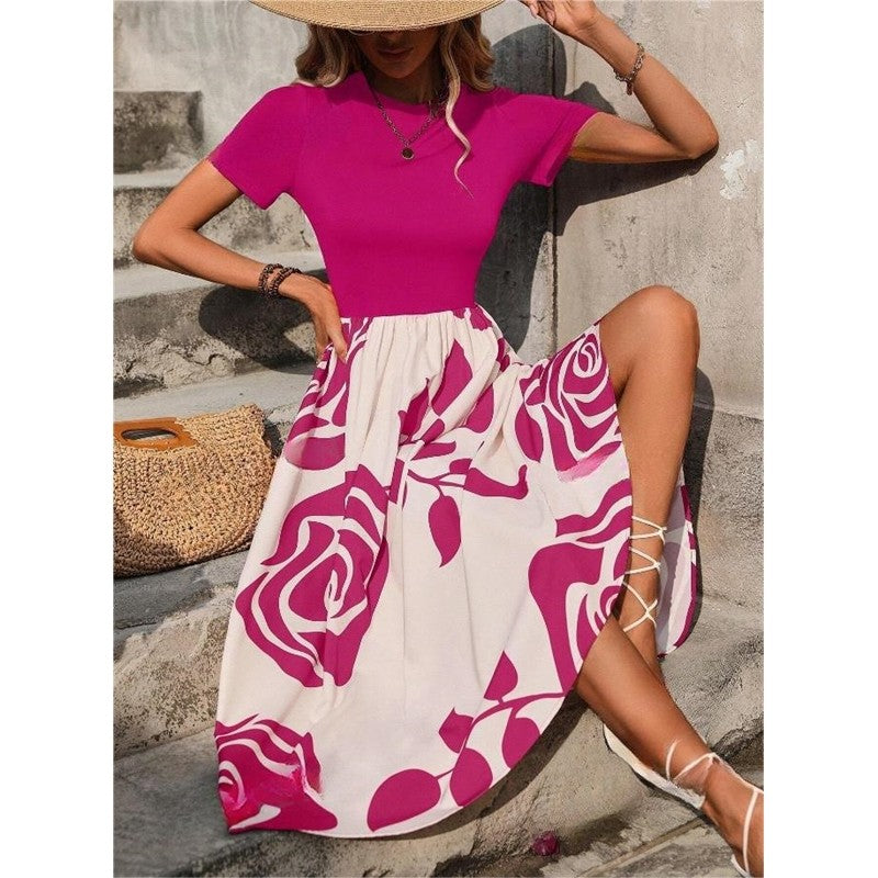 Crewneck Short Sleeve High Waisted Patchwork A-Line Maxi Dress