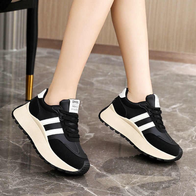 Women's Thick Soled PU Leather Color-Block Height Increasing Lace-Up Sneakers