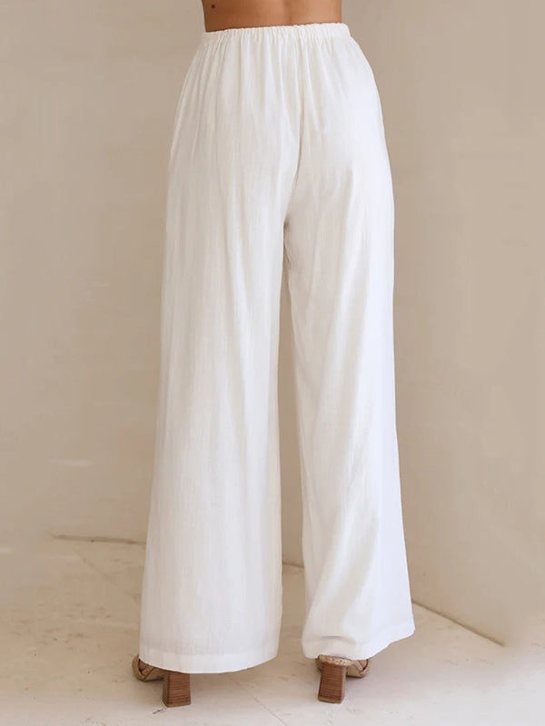 High Waisted Loose Drawstring Elasticity Solid Color Split-Joint Pants Trousers