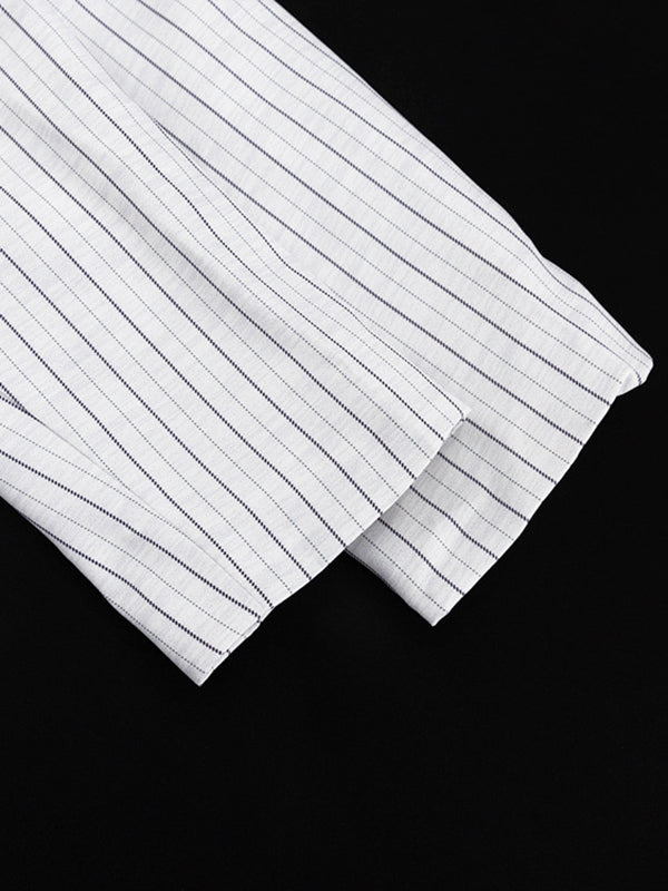 Long Sleeves Knot Split-Joint Striped Deep V-Neck Blouse + High Waisted Pleated Wide Leg Shorts Two Pieces Set