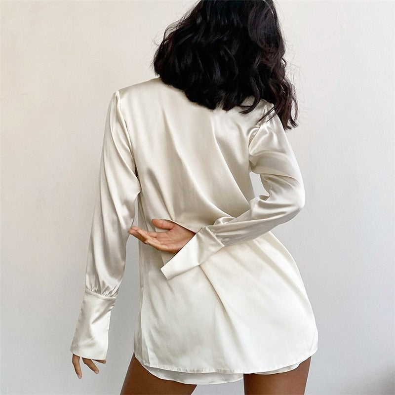 Solid Color Satin Long Sleeve Lapel Single Breasted Blouse and Shorts Set
