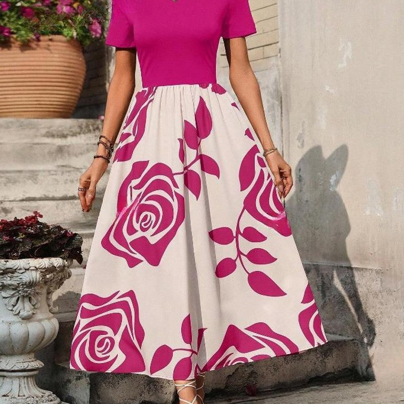 Crewneck Short Sleeve High Waisted Patchwork A-Line Maxi Dress