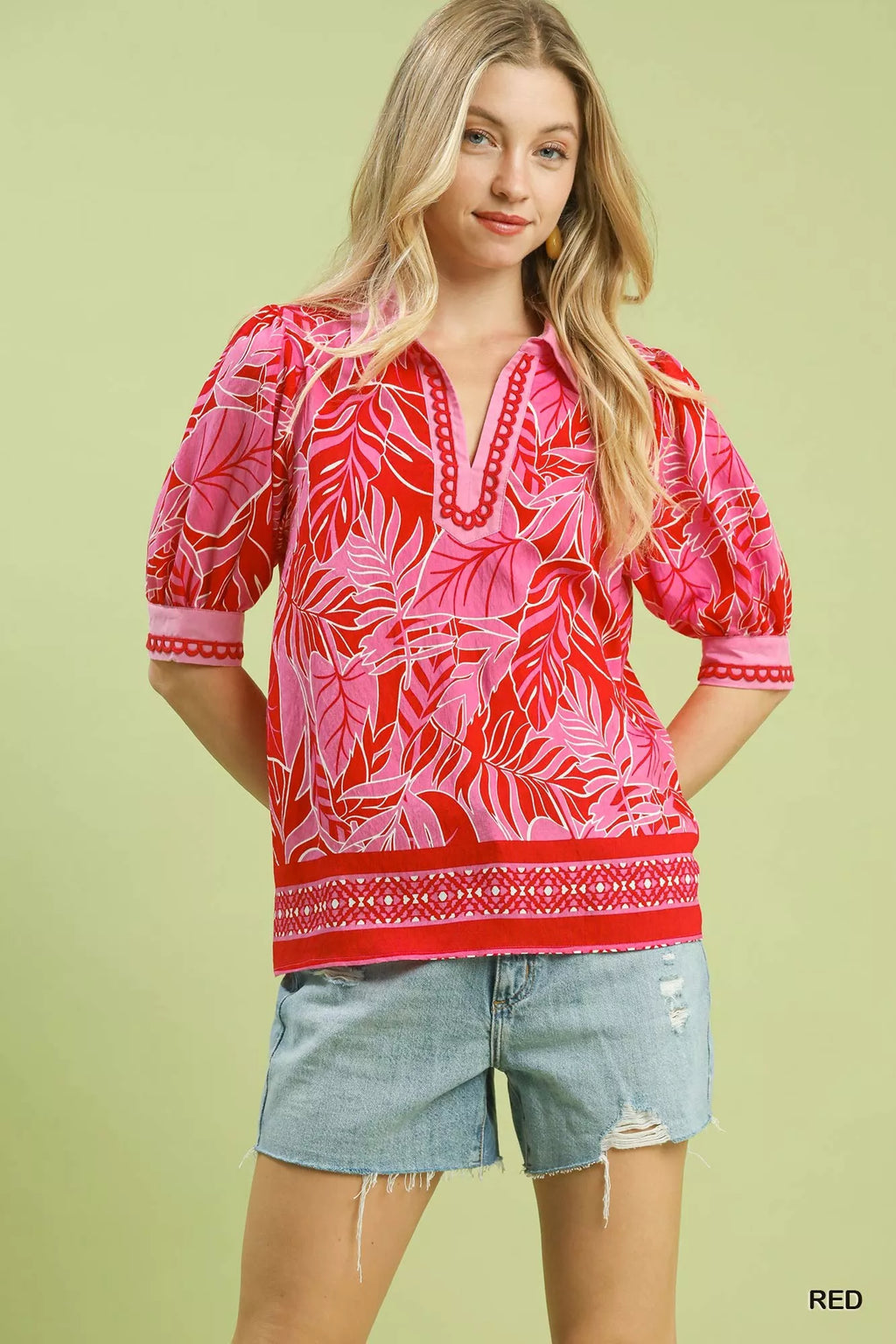 Tropical Print Puff Sleeve Blouse
