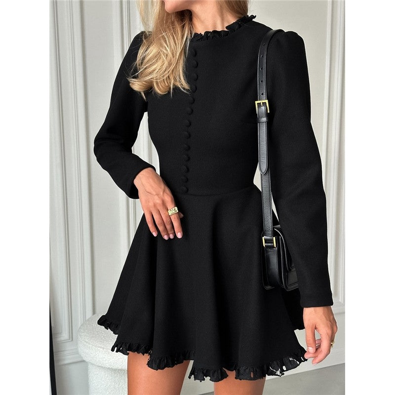 Solid Color Crewneck Long Sleeve A-Line Ruffled Hem Mini Dress