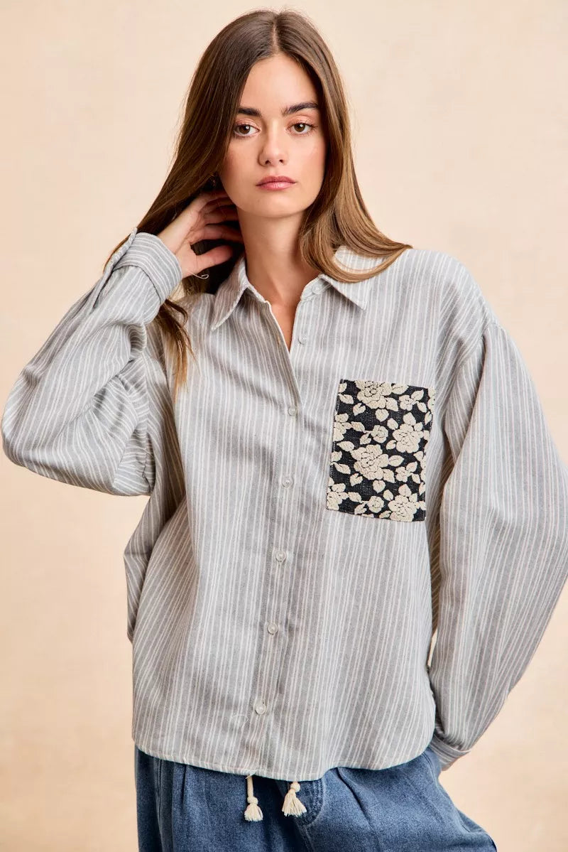 Flower Jacquard Knit Patch Pocket Stripe Shirt