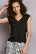 V-Neck Lightweight Textured Short Sleeve Knit Top with Lace Trim