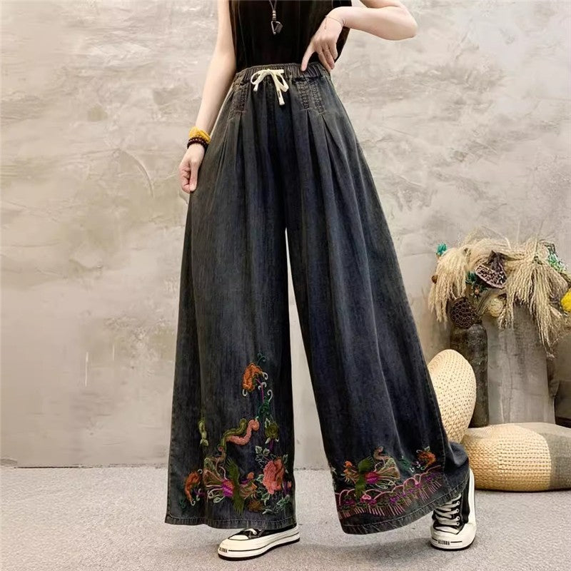 Wide Leg High Waist Embroidered Tie-Waist Pants