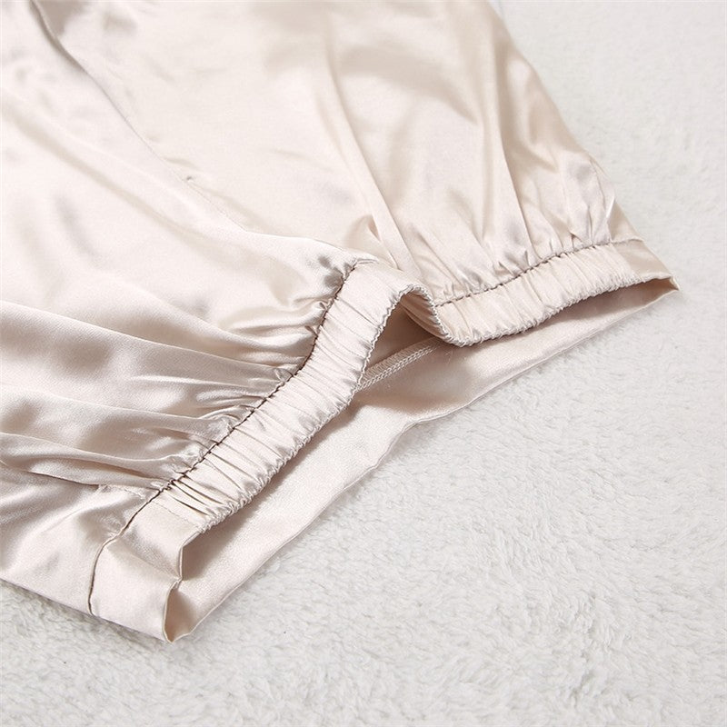 Solid Color Satin Long Sleeve Lapel Single Breasted Blouse and Shorts Set