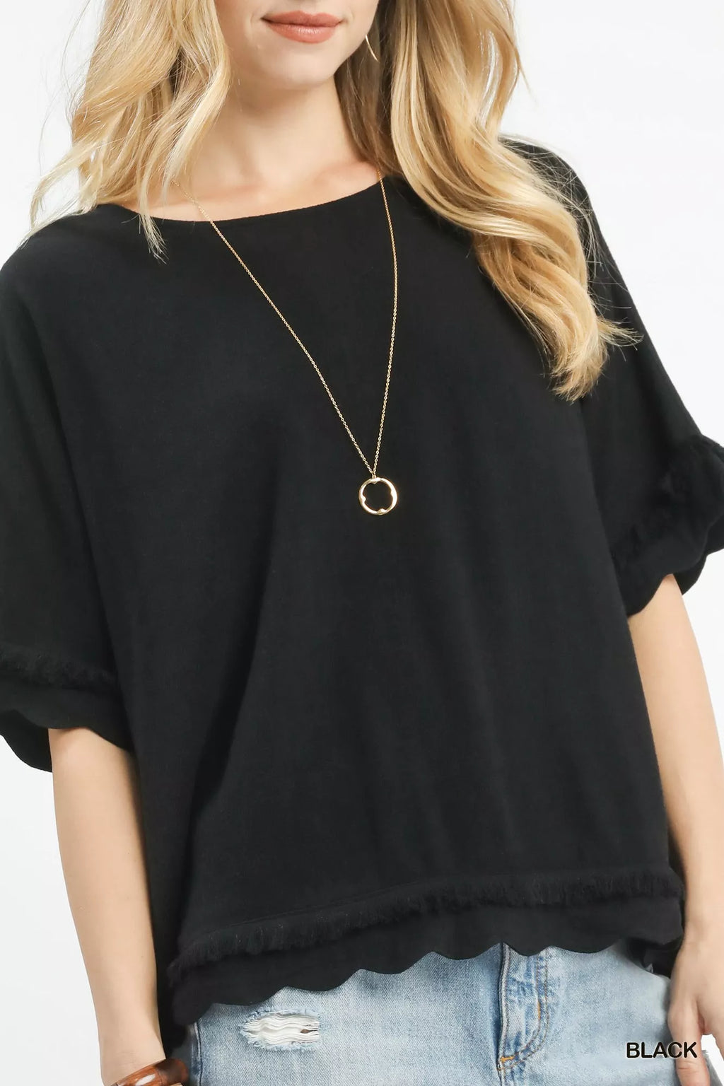 Linen Frayed Hem Scallop Edge Top