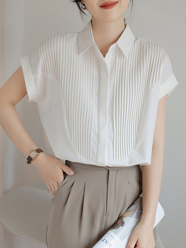 Loose Short Sleeves Buttoned Pleated Solid Color Split-Joint Lapel Blouses&Shirts Tops