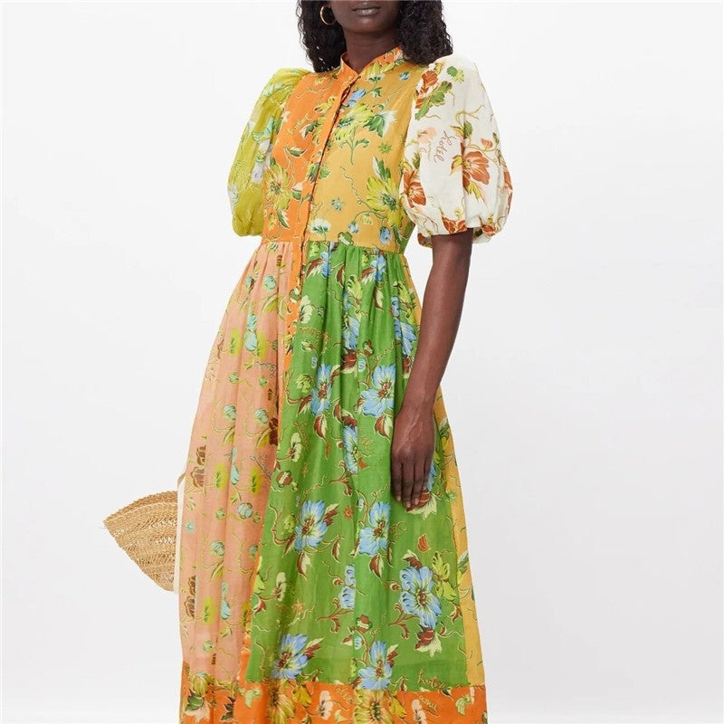 Floral Print Midi Dress with Bubble Sleeves