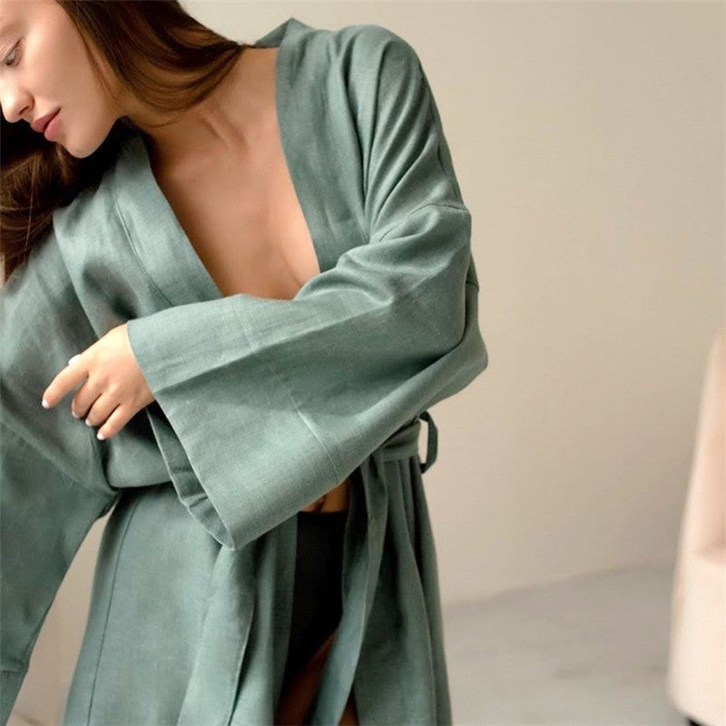 Solid Color Long Sleeve Waist-Tied Short Robe Loungewear