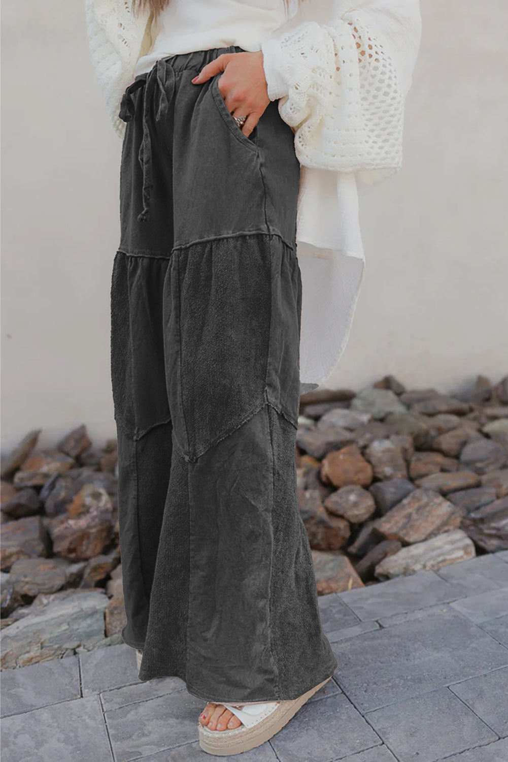 Black Mineral Wash Tiered Wide Leg Patchwork Drawstring Pants