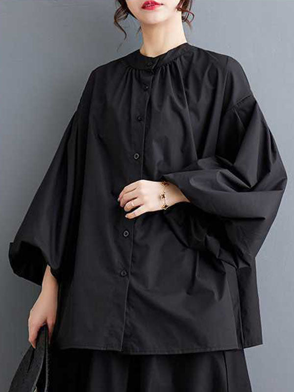 Loose Nine-Minute Sleeve Buttoned Hollow Pleated Solid Color Round-Neck Blouses&Shirts Tops