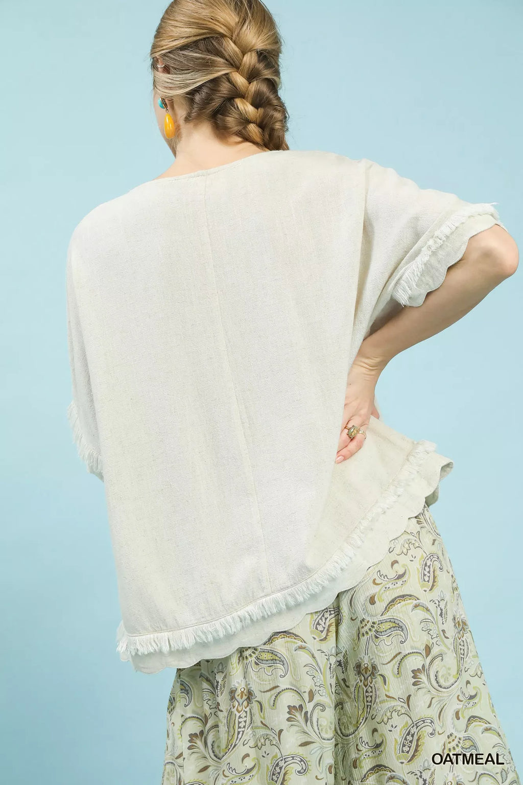 Linen Frayed Hem Scallop Edge Top