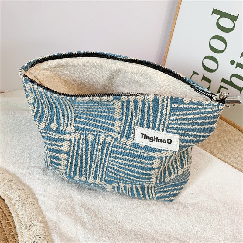 Women's Geometric Fabric Cosmetic Bag - Multi-Compartment Makeup Organizer with Zipper