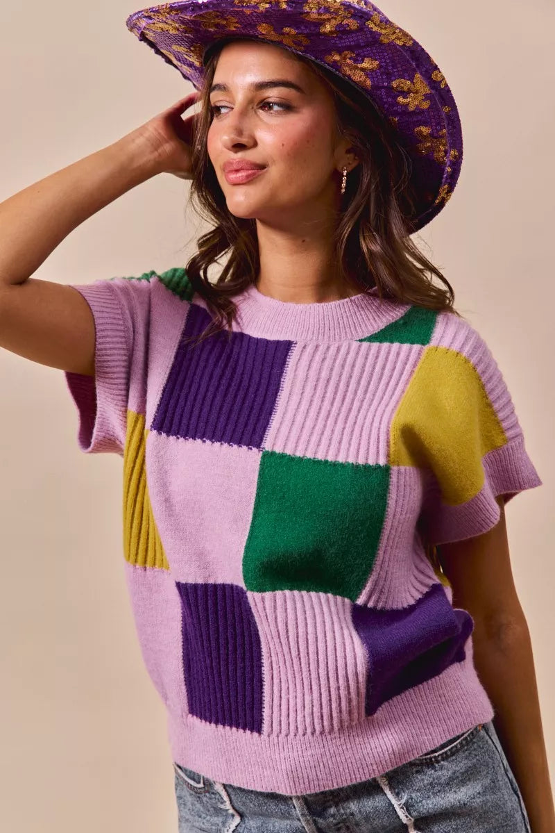 Mardi Gras Check Plaid Casual Sweater Top