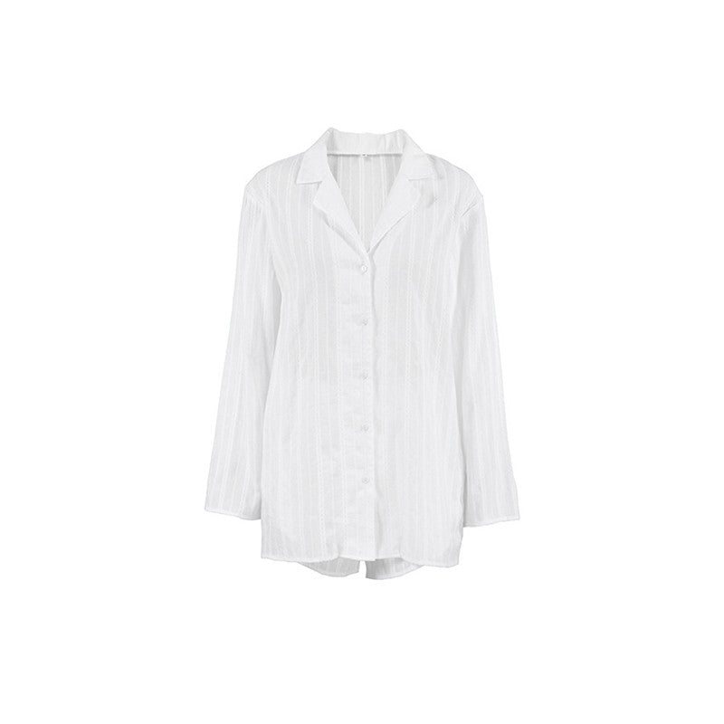 Solid Color Long Sleeve Lapel Single Breasted Blouse and Shorts Set - Stylish Loungewear