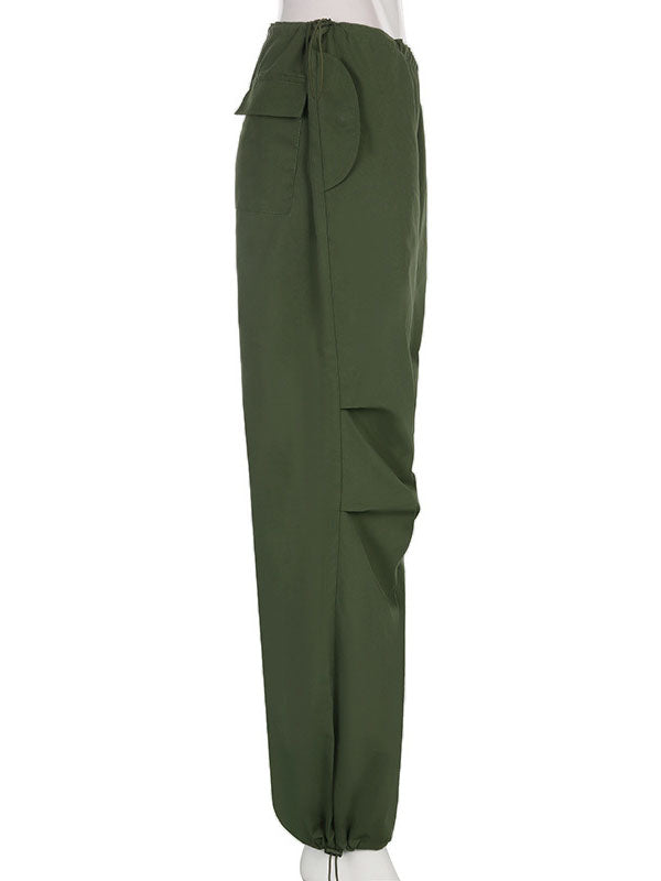 High Waisted Loose Drawstring Pleated Solid Color Pants Trousers