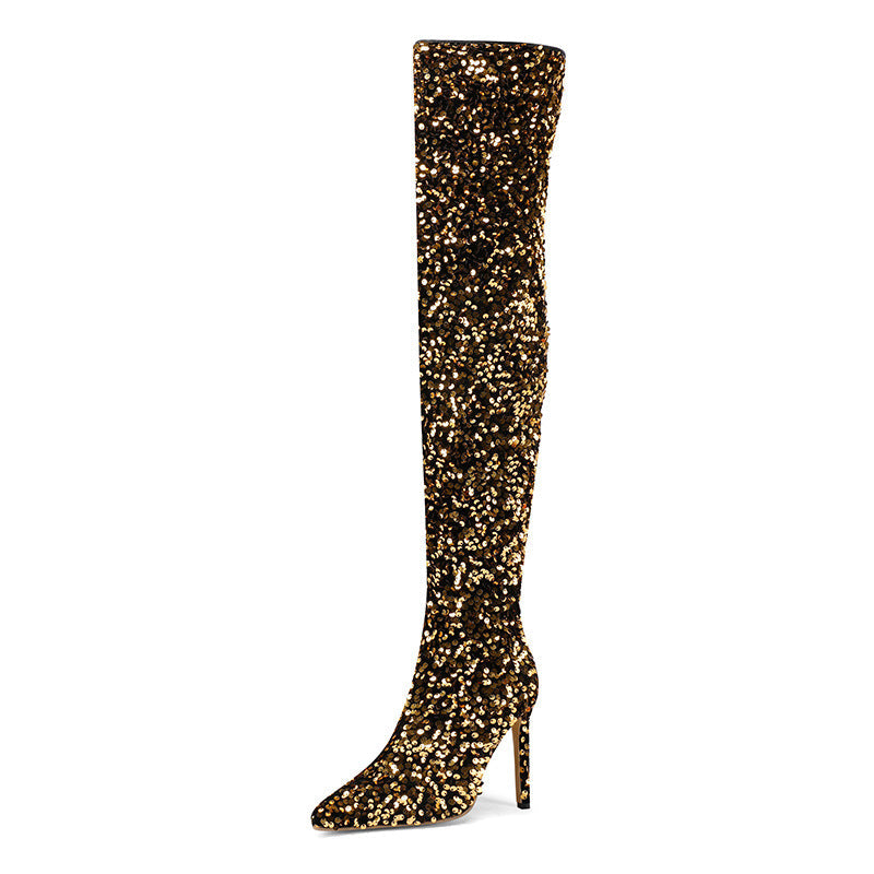 Women's Sequin Over-the-Knee Stiletto Boots – Side Zip Pointed Toe Stiletto Heels